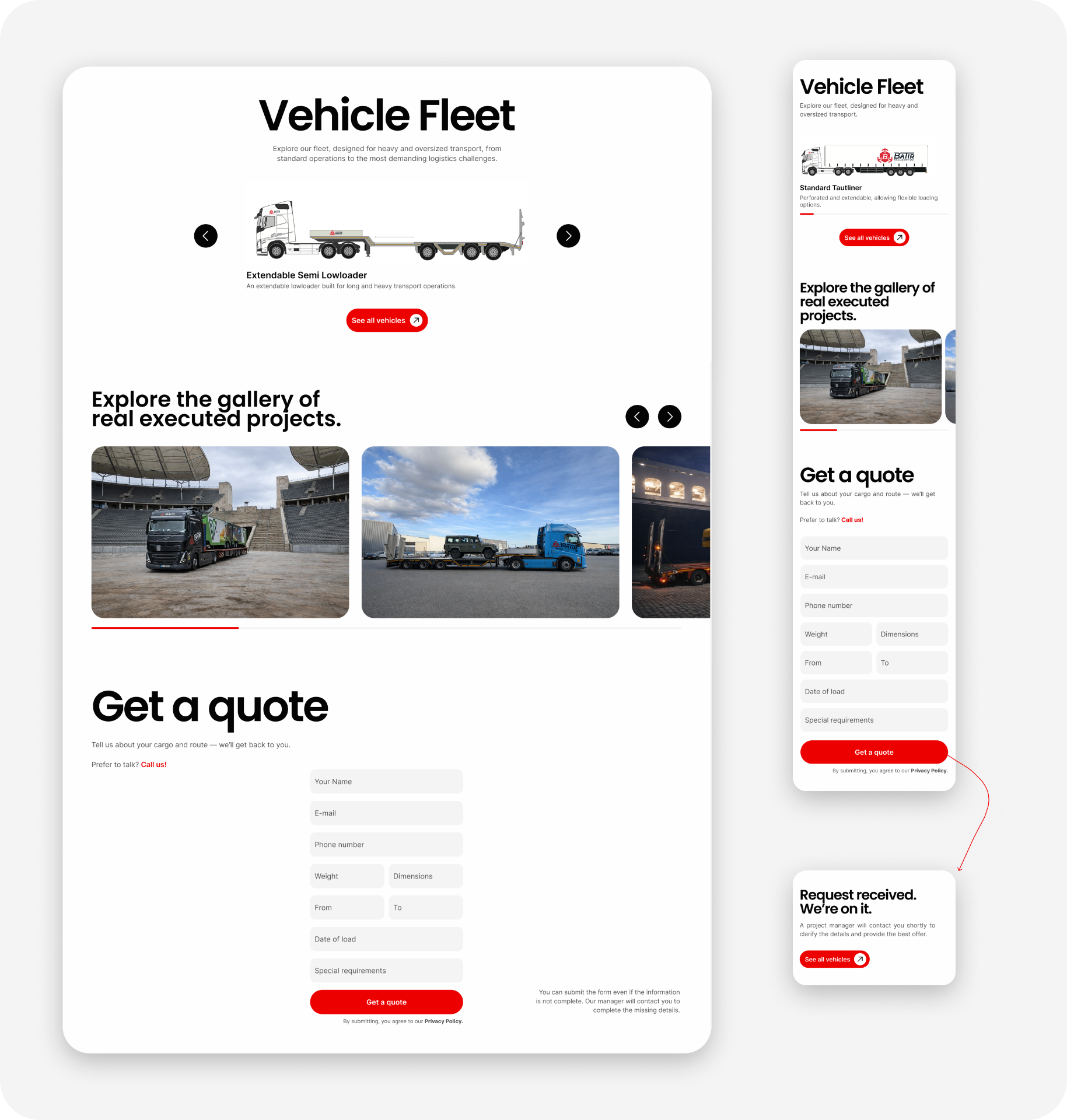 Batir vehicle fleet and quote form