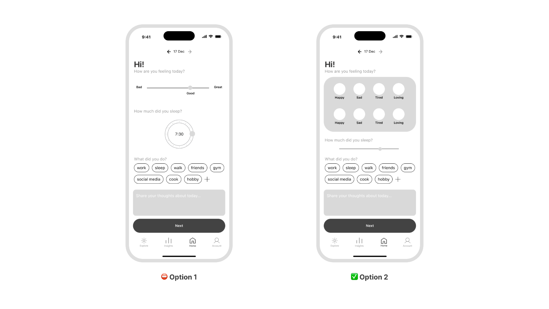 Moodwings wireframes comparing two interaction patterns